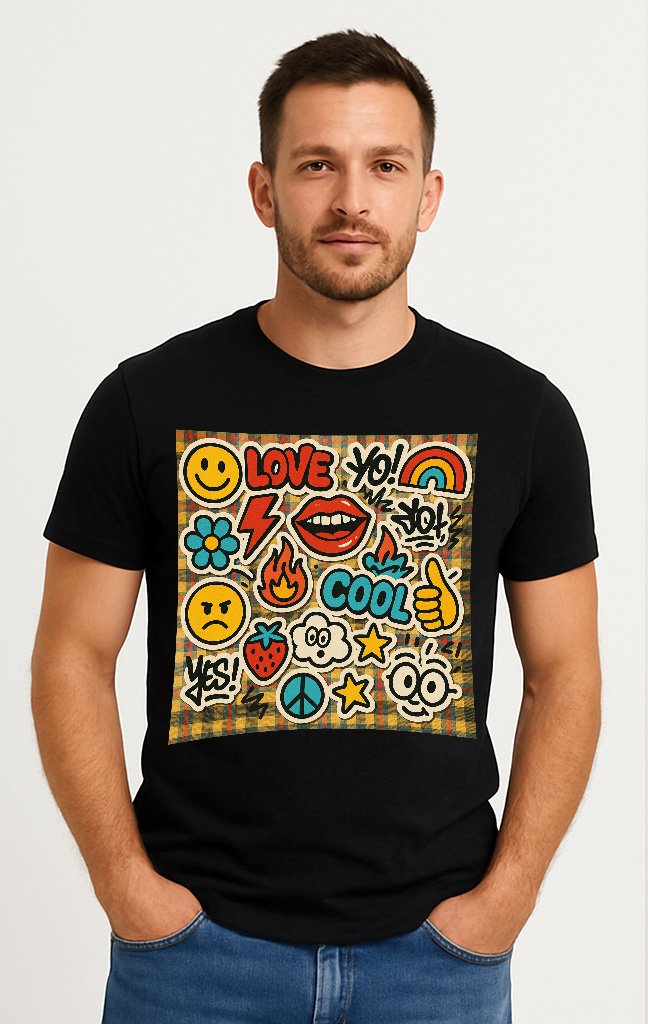 Cartoon Patch Design on Black Tee