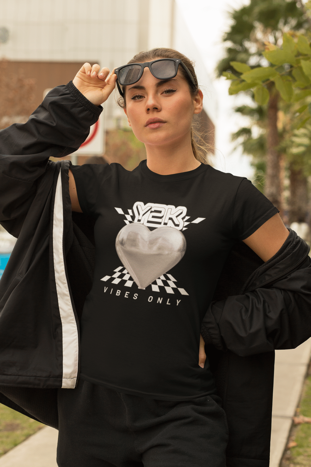 Checkered Print Design, Black Retro Streetwear